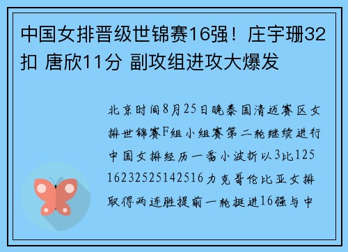 中国女排晋级世锦赛16强!庄宇珊32扣 唐欣11分 副攻组进攻大爆发 中国女排晋级世锦赛16强!庄宇珊32扣 唐欣11分 副攻组进攻大爆发